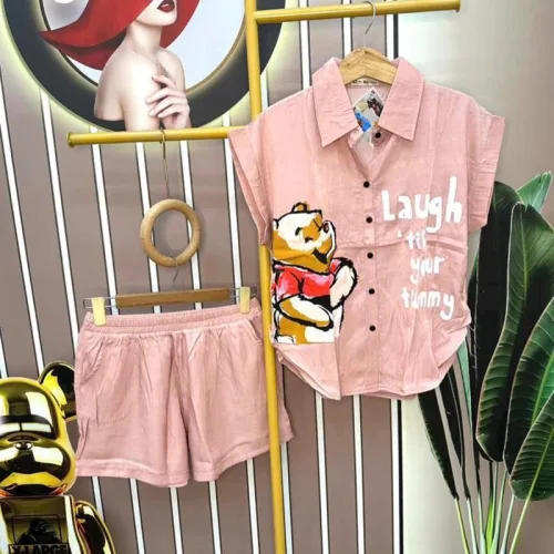 Đồ bộ quần đùi áo sơ mi tay ngắn in hình