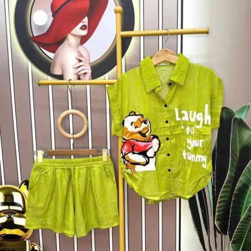 Đồ bộ quần đùi áo sơ mi tay ngắn in hình