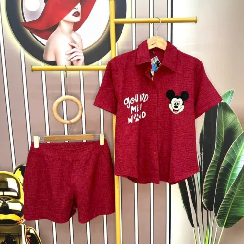 Đồ bộ quần đùi áo sơ mi tay ngắn in hình