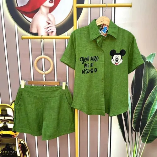 Đồ bộ quần đùi áo sơ mi tay ngắn in hình