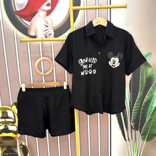 Đồ bộ quần đùi áo sơ mi tay ngắn in hình