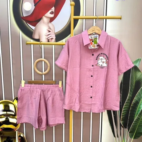 Đồ bộ quần đùi áo sơ mi tay ngắn in hình