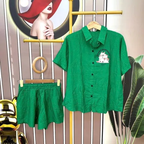 Đồ bộ quần đùi áo sơ mi tay ngắn in hình