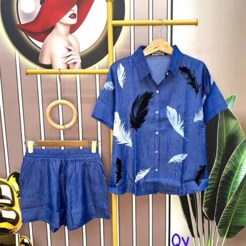 Đồ bộ quần đùi áo sơ mi tay ngắn in hình