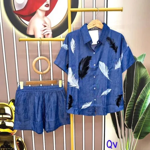 Đồ bộ quần đùi áo sơ mi tay ngắn in hình