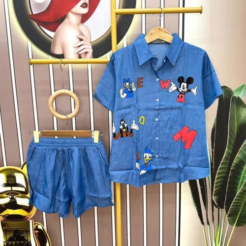 Đồ bộ quần đùi áo sơ mi tay ngắn in hình