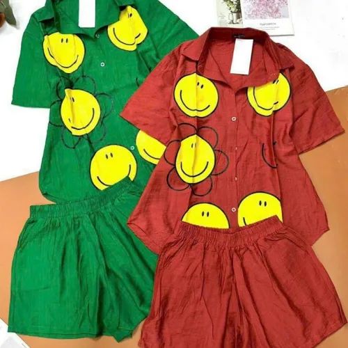 Đồ bộ quần đùi áo sơ mi tay ngắn in hình