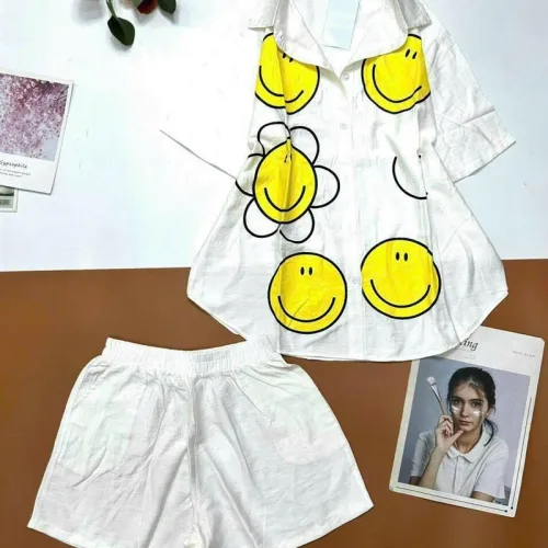 Đồ bộ quần đùi áo sơ mi tay ngắn in hình