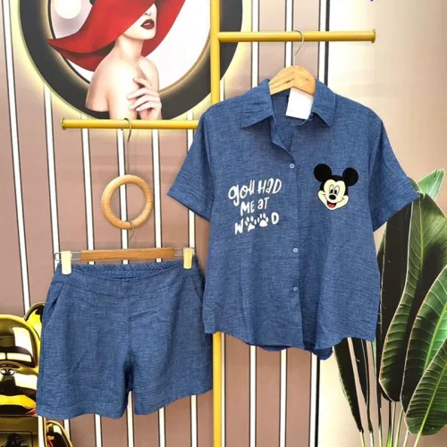 Đồ bộ quần đùi áo sơ mi tay ngắn in hình chuột mickey