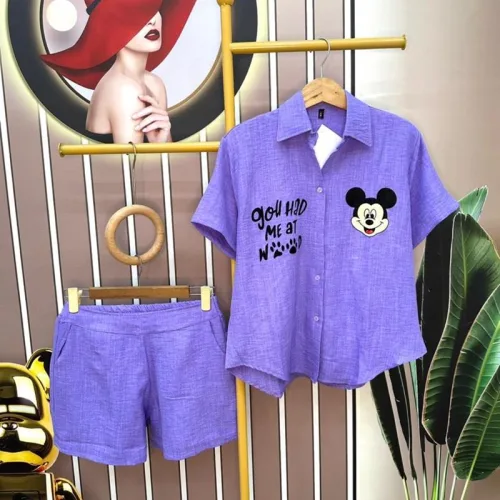Đồ bộ quần đùi áo sơ mi tay ngắn in hình chuột mickey
