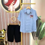 Đồ bộ quần đùi áo sơ mi tay ngắn in hình gấu