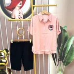 Đồ bộ quần đùi áo sơ mi tay ngắn in hình gấu