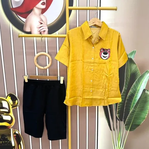 Đồ bộ quần đùi áo sơ mi tay ngắn in hình gấu
