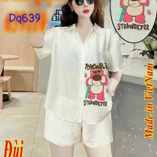 Đồ bộ quần đùi áo sơ mi tay ngắn in hình gấu