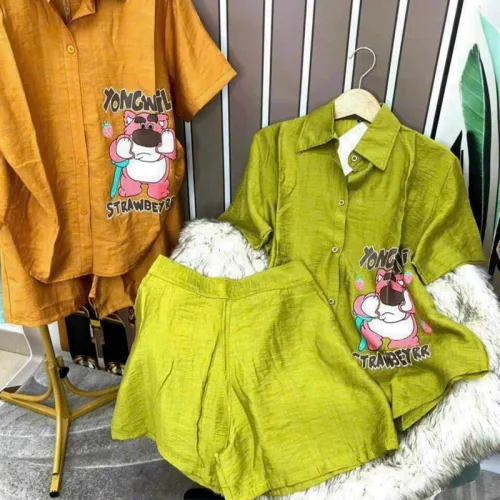Đồ bộ quần đùi áo sơ mi tay ngắn in hình gấu