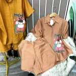 Đồ bộ quần đùi áo sơ mi tay ngắn in hình gấu