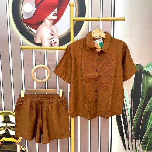 Đồ bộ quần đùi áo sơ mi tay ngắn màu trơn