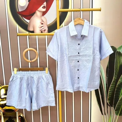 Đồ bộ quần đùi áo sơ mi tay ngắn màu trơn