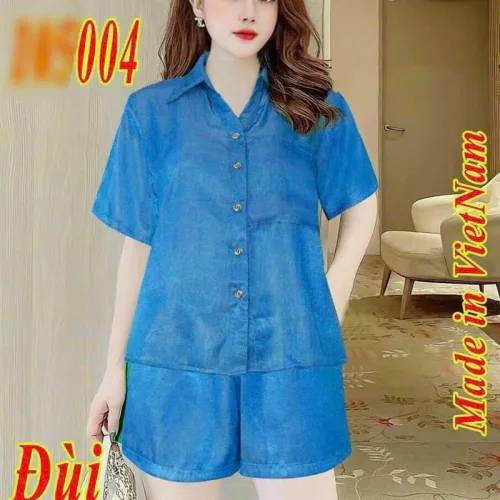Đồ bộ quần đùi áo sơ mi tay ngắn màu trơn