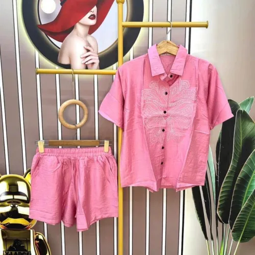 Đồ bộ quần đùi áo sơ mi tay ngắn màu trơn