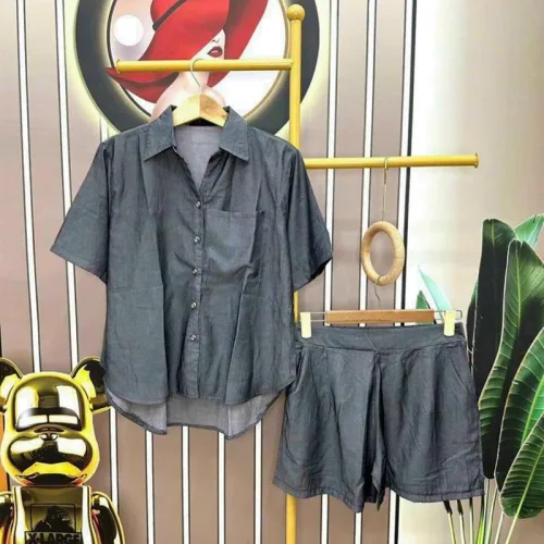 Đồ bộ quần đùi áo sơ mi tay ngắn màu trơn