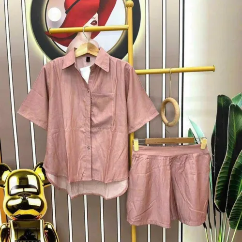 Đồ bộ quần đùi áo sơ mi tay ngắn màu trơn