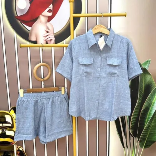 Đồ bộ quần đùi áo sơ mi tay ngắn màu trơn