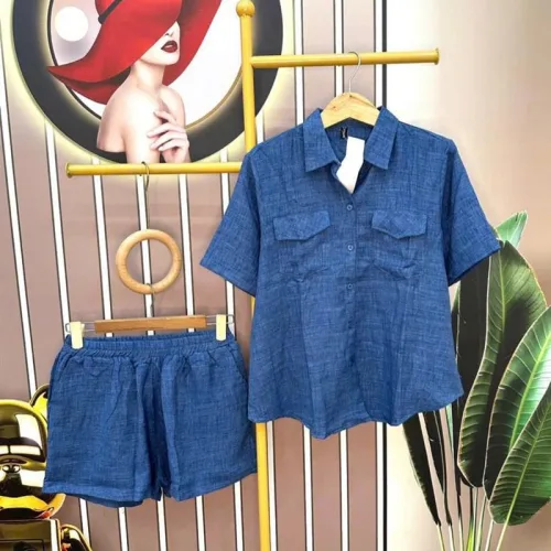 Đồ bộ quần đùi áo sơ mi tay ngắn màu trơn