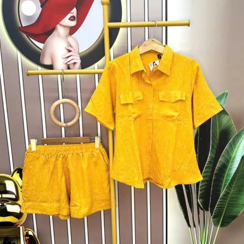 Đồ bộ quần đùi áo sơ mi tay ngắn màu trơn
