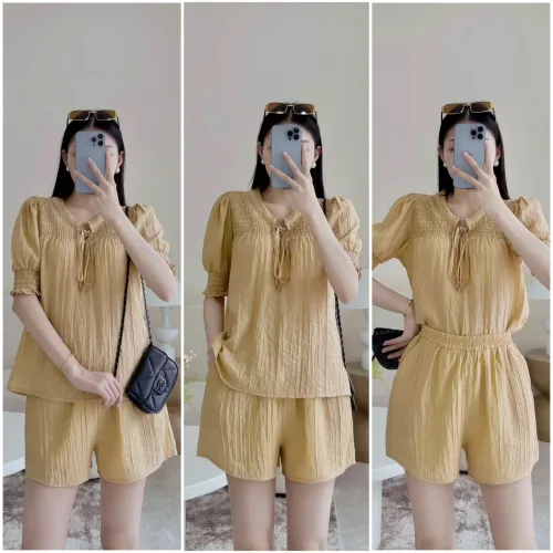 Đồ bộ quần đùi áo tay bo màu trơn mặc nhà