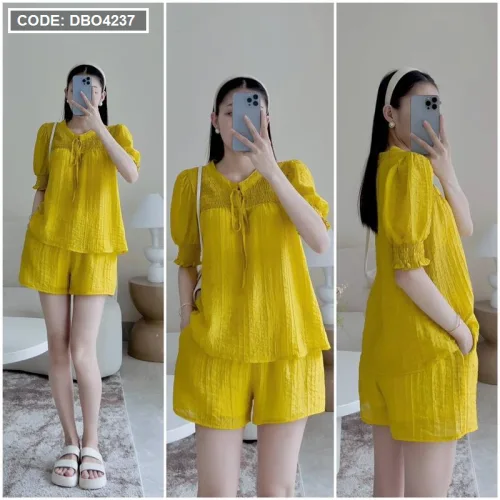 Đồ bộ quần đùi áo tay bo màu trơn mặc nhà