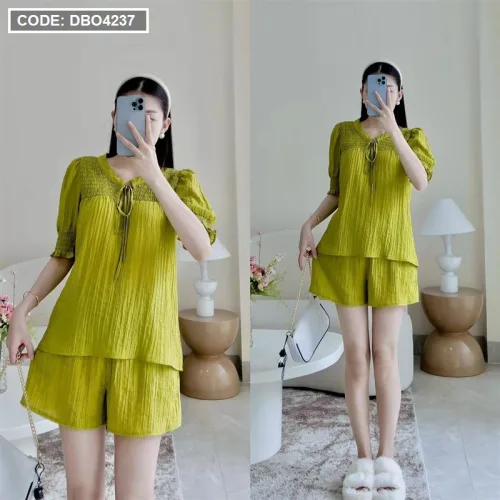 Đồ bộ quần đùi áo tay bo màu trơn mặc nhà