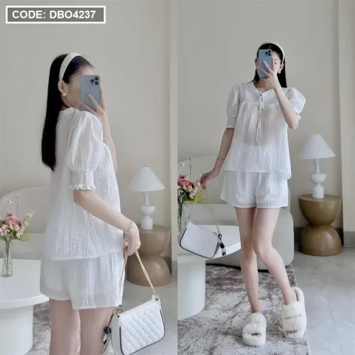 Đồ bộ quần đùi áo tay bo màu trơn mặc nhà