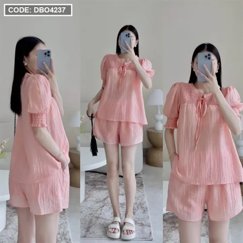 Đồ bộ quần đùi áo tay bo màu trơn mặc nhà