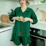 Đồ bộ quần đùi áo tay dài cổ lá sen màu trơn