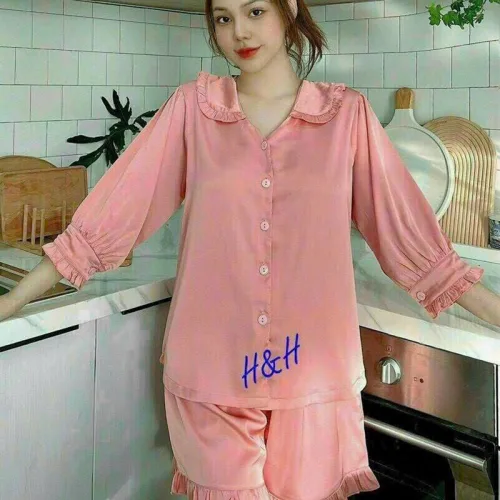 Đồ bộ quần đùi áo tay dài cổ lá sen màu trơn
