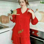 Đồ bộ quần đùi áo tay dài cổ sen màu trơn