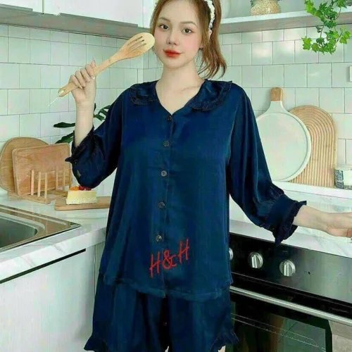 Đồ bộ quần đùi áo tay dài cổ sen màu trơn