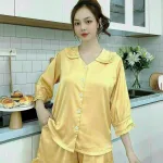 Đồ bộ quần đùi áo tay dài cổ sen màu trơn