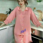 Đồ bộ quần đùi áo tay dài cổ sen màu trơn
