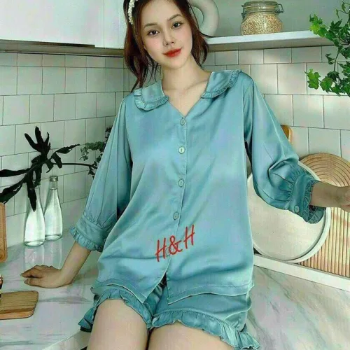 Đồ bộ quần đùi áo tay dài cổ sen màu trơn