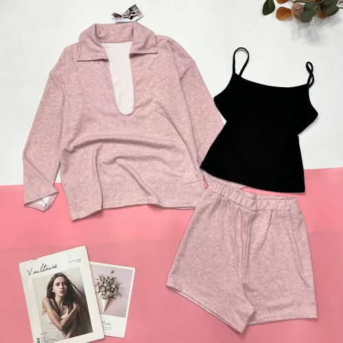 đồ bộ quần đùi áo tay dài phối áo dây trong