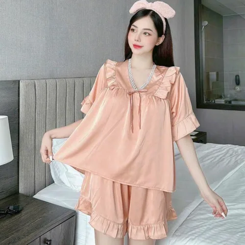 Đồ bộ quần đùi áo tay lửng cổ v màu trơn