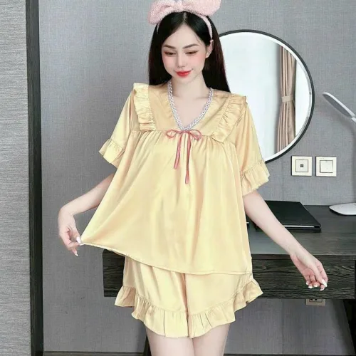 Đồ bộ quần đùi áo tay lửng cổ v màu trơn