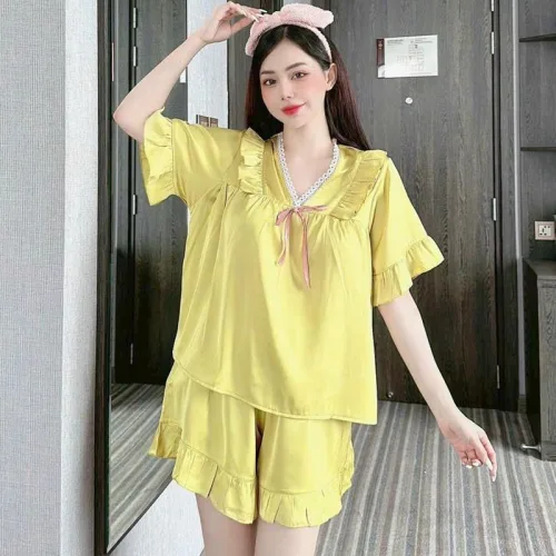 Đồ bộ quần đùi áo tay lửng cổ v màu trơn