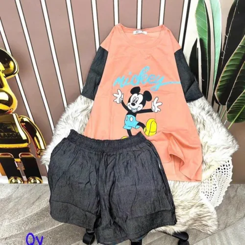 Đồ bộ quần đùi áo tay ngắn 2 màu in hình mickey