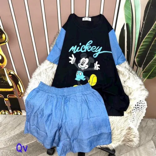 Đồ bộ quần đùi áo tay ngắn 2 màu in hình mickey