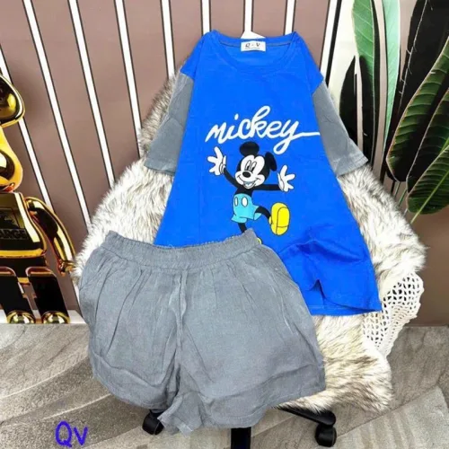 Đồ bộ quần đùi áo tay ngắn 2 màu in hình mickey