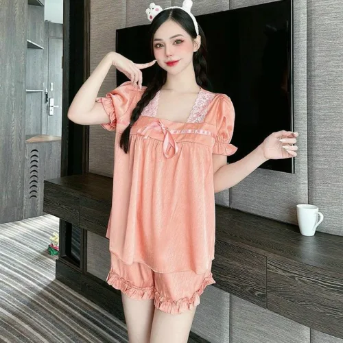 Đồ bộ quần đùi áo tay ngắn bèo cổ ren màu trơn