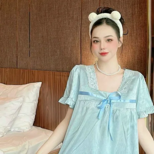 Đồ bộ quần đùi áo tay ngắn bèo cổ ren màu trơn